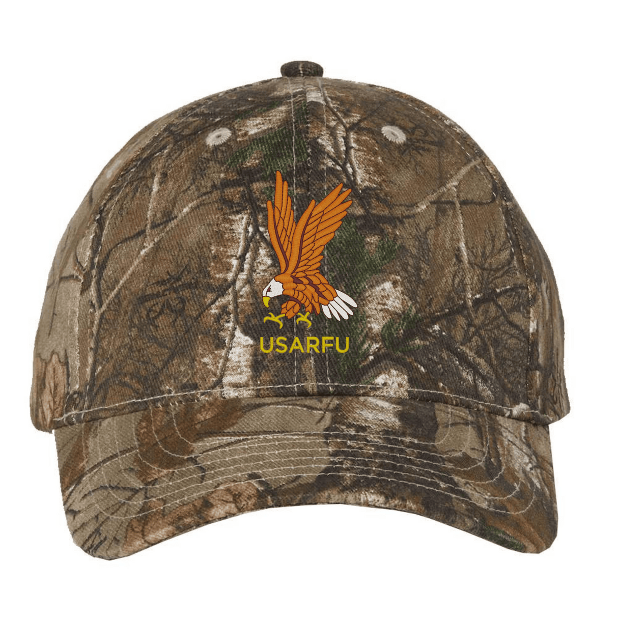 The USA Rugby Heritage Licensed Camo Cap - Realtree Xtra by EMB S&S Activewear features an embroidered eagle and yellow "USARFU" text—ideal for any USA Rugby cap collector.