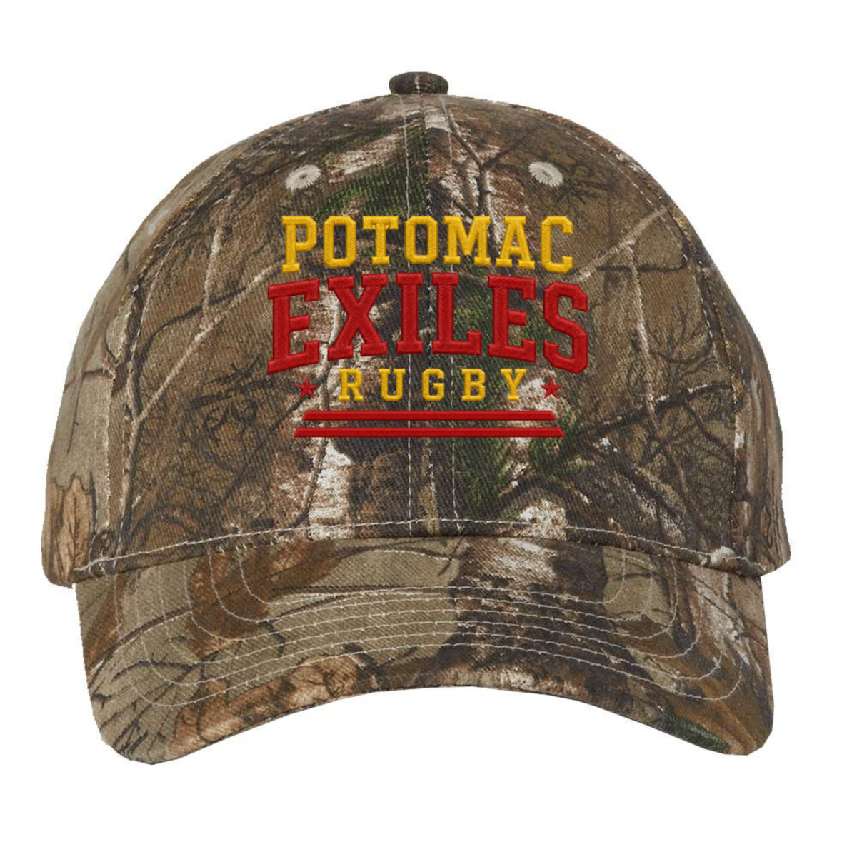 The Potomac Exiles Rugby Club Realtree Camo Cap by EMB S&S Activewear showcases "POTOMAC EXILES RUGBY" boldly embroidered in red and yellow on the front, and features an adjustable closure for a customizable and comfortable fit.