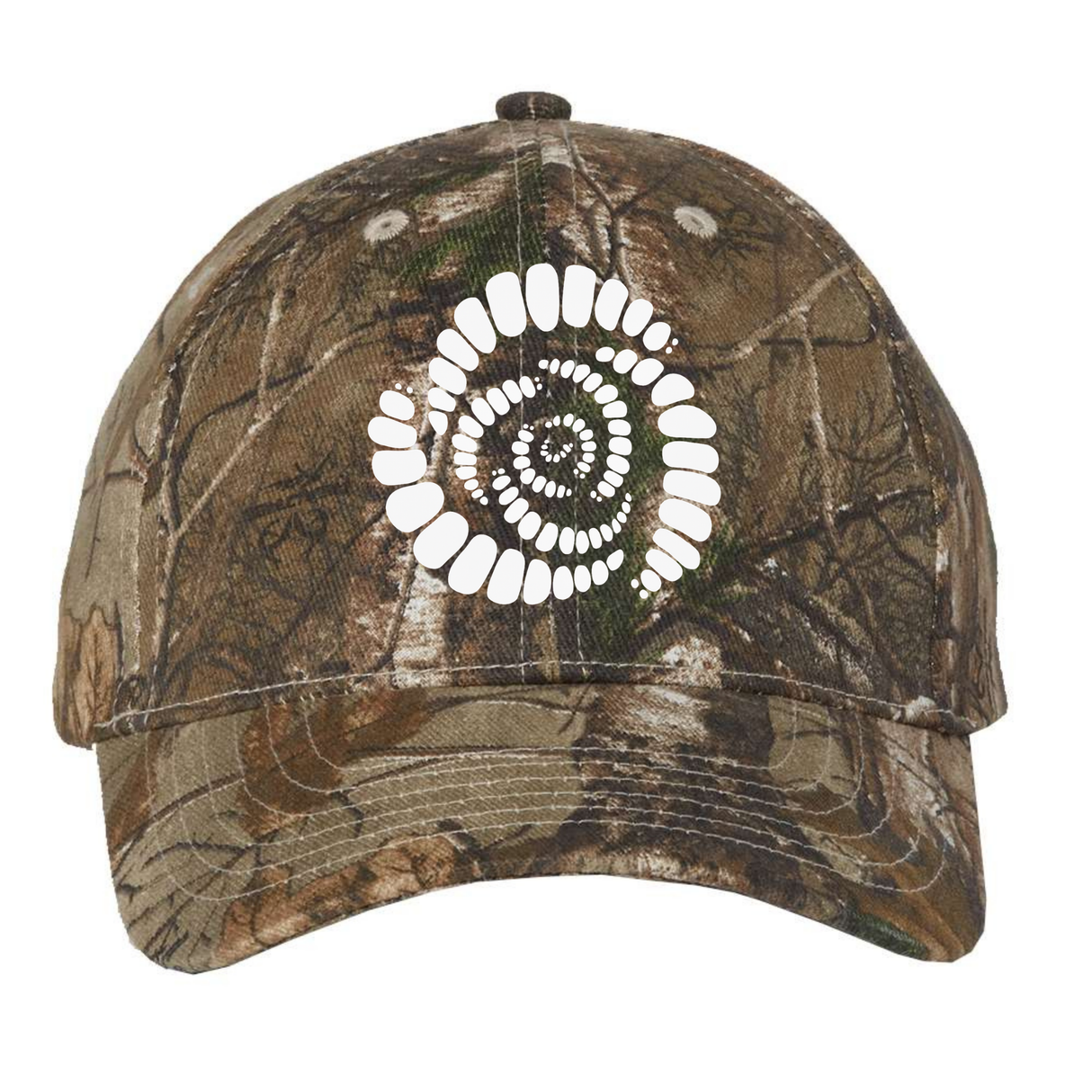 The Missoula All-Maggots Realtree Camo Cap by EMB S&S Activewear features a distinctive white spiral pattern on the front that resembles teeth or a fossil. This adjustable cap blends unique design with classic outdoor style.