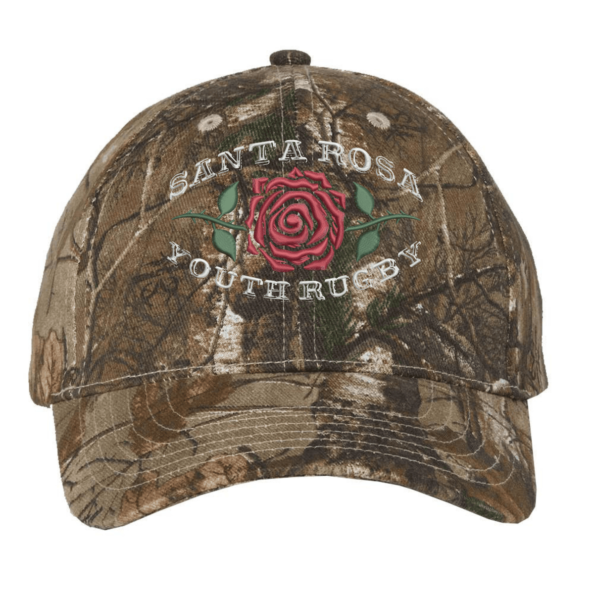 The Santa Rosa Youth Rugby Realtree Camo Cap by EMB S&S Activewear features Realtree Xtra camo, a red rose, and “Santa Rosa Youth Rugby” embroidered on the front. This adjustable hat blends rugged outdoor style with team pride.