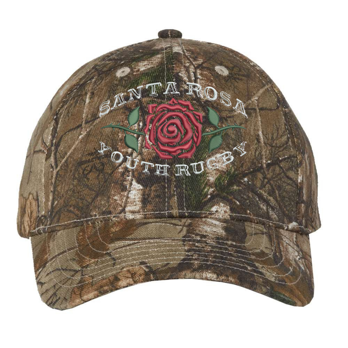 The Santa Rosa Youth Rugby Realtree Camo Cap by EMB S&S Activewear features Realtree Xtra camo, a red rose, and “Santa Rosa Youth Rugby” embroidered on the front. This adjustable hat blends rugged outdoor style with team pride.