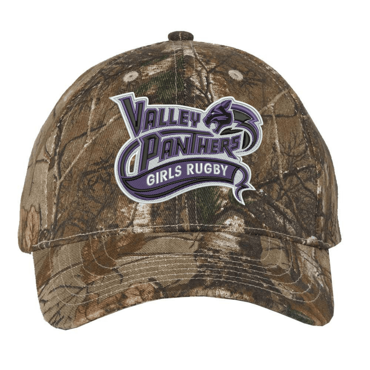 The Valley Panthers Girls Rugby Realtree Camo Cap by EMB S&S Activewear features a “Valley Panthers Girls Rugby” logo and a purple panther graphic on the front. This adjustable hat is crafted with Realtree Xtra camo for both style and comfort.