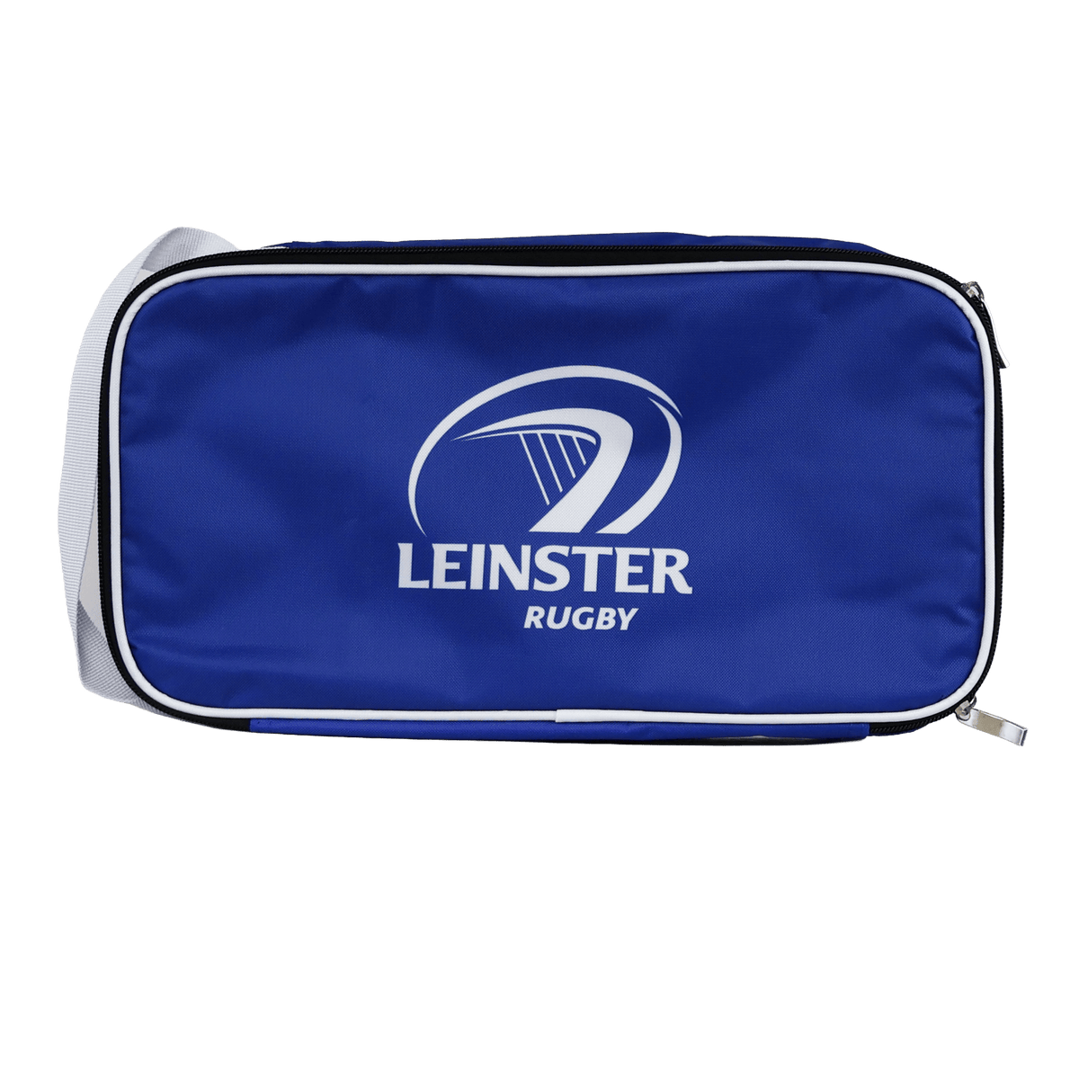 The Leinster 24/25 Boot Bag by Castore is a blue rectangular bag with a white zipper and strap, featuring the Leinster Rugby logo and text on the front.