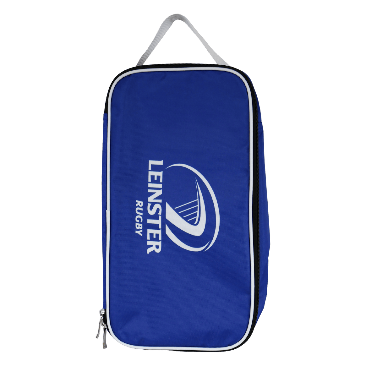 The Leinster 24/25 Boot Bag by Castore features a white logo, zip closure, and top white carrying handle—ideal for storing your rugby boots.