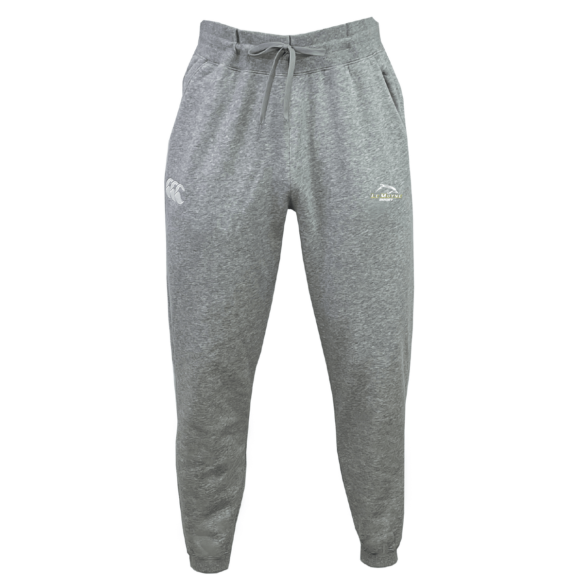 The Le Moyne College Leisure Sweatpant by EMB Canterbury features gray jogger pants made from soft organic cotton with an elastic waistband and a drawstring. These sustainable sweatpants boast two logos on the upper thighs, blending comfort with style.