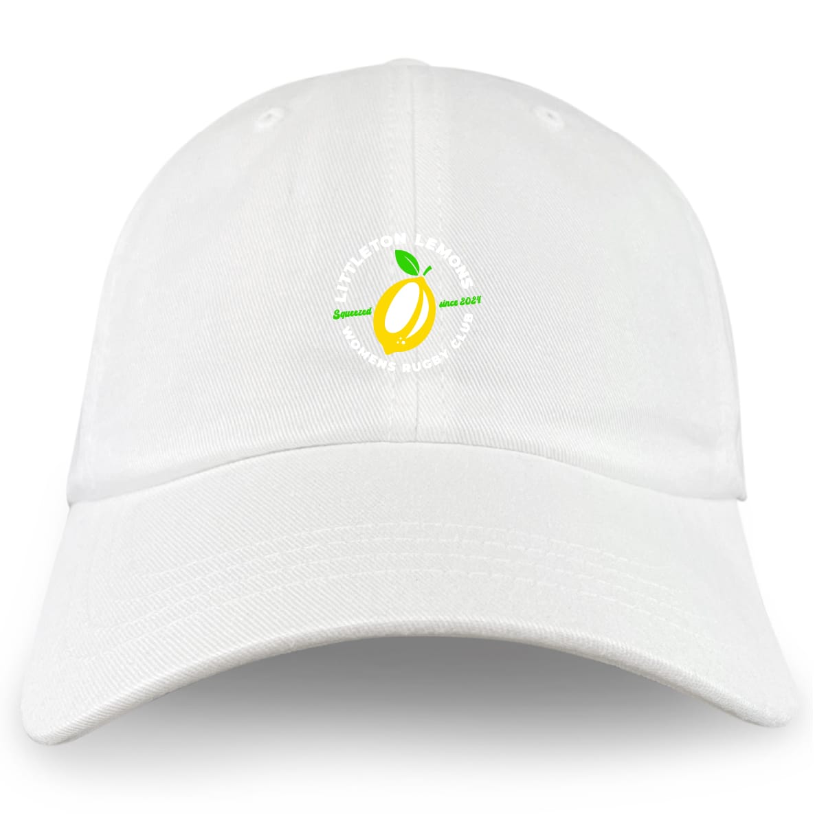 The Littleton Women Rugby Club Adult Low-Profile Cotton Twill Dad Cap by EMB S&S Activewear is a white hat featuring a small lemon graphic and green "Littleton Lemonade Summer Festival 2024" text on the front.
