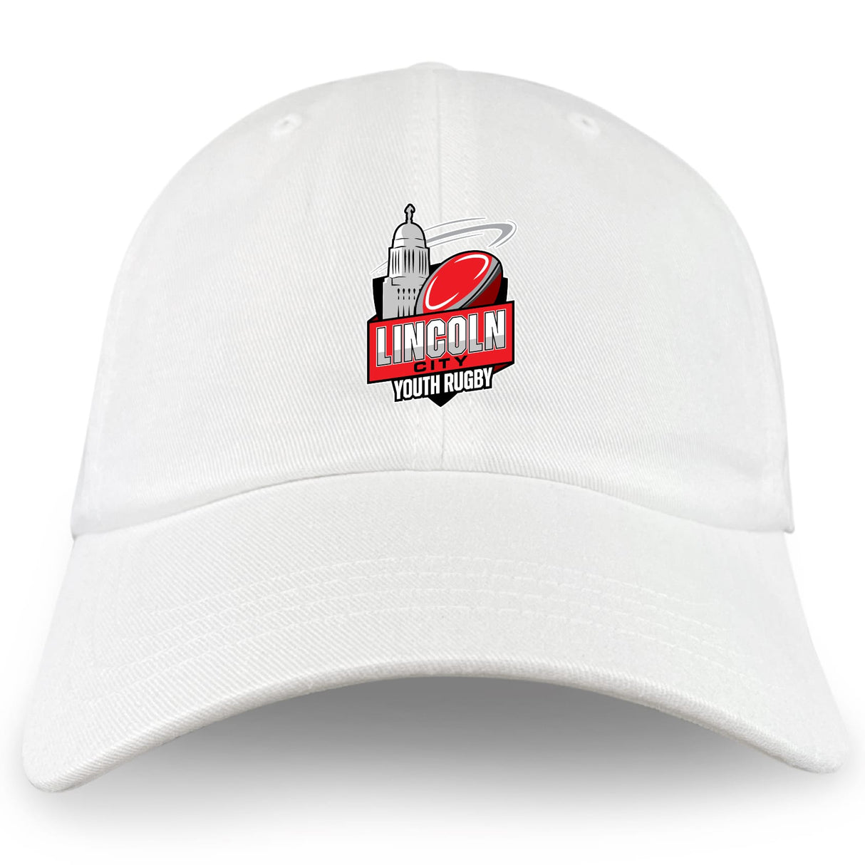The EMB S&S Activewear Lincoln City Youth Rugby Adult Low-Profile Cotton Twill Dad Cap features embroidered team branding with a capitol building, red rugby ball, and bold text.