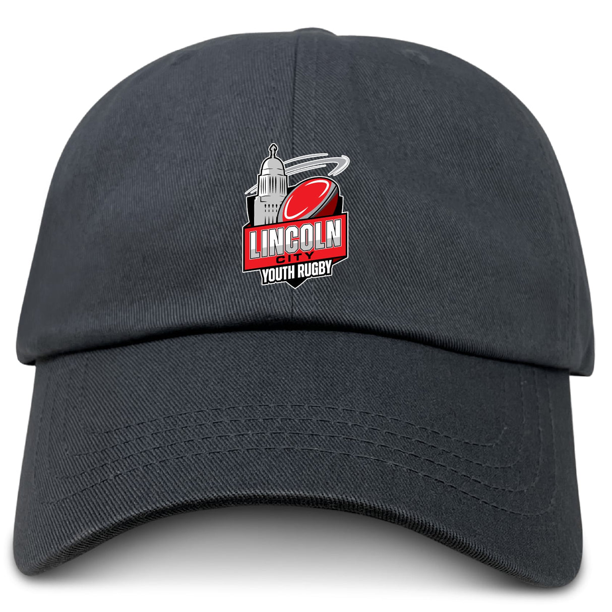 The EMB S&S Activewear Lincoln City Youth Rugby Adult Low-Profile Cotton Twill Dad Cap features embroidered team branding—a rugby ball and white building logo on the front.