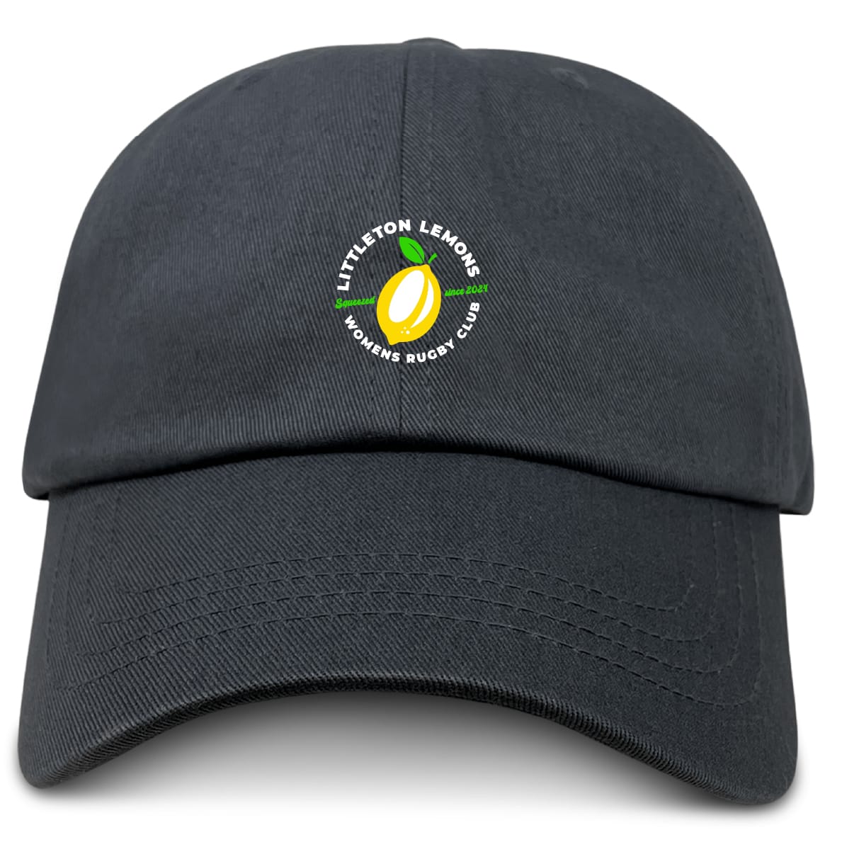 The EMB S&S Activewear Littleton Women Rugby Club Adult Low-Profile Cotton Twill Dad Cap features an embroidered team logo—a lemon and rugby ball—on the front.
