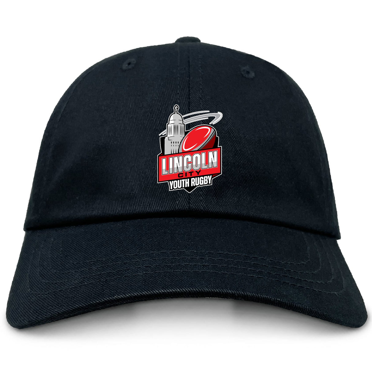 The EMB S&S Activewear Lincoln City Youth Rugby Adult Low-Profile Cotton Twill Dad Cap features a black design with a red rugby ball, white dome building, and bold embroidered team logo in red and white.