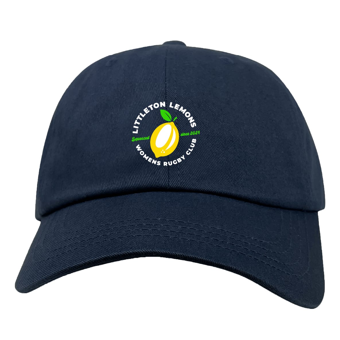 Show your team pride with the EMB S&S Activewear Littleton Women Rugby Club Adult Low-Profile Cotton Twill Dad Cap, featuring embroidered "Littleton Lemons Women's Rugby Club" circling a lemon graphic.