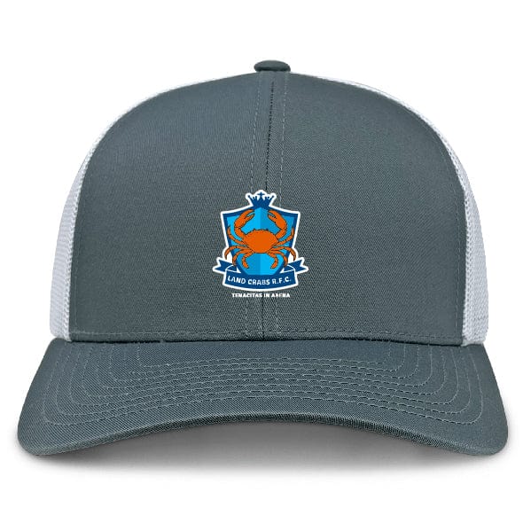 The Land Crabs RFC Retro Trucker Cap by EMB S&S Activewear features a gray and white design, embroidered blue and orange crab logo with "Land Crabs F.C." and "Colacetas in Mare," plus an adjustable snapback for a perfect fit.