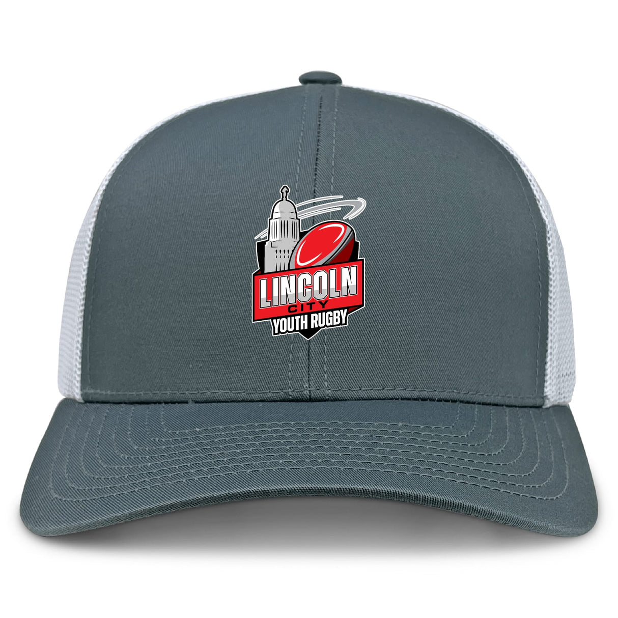 The Lincoln City Youth Rugby Retro Trucker Cap by EMB S&S Activewear features gray and white panels, a bold embroidered front with red rugby ball and building, plus an adjustable snapback closure for a custom fit.