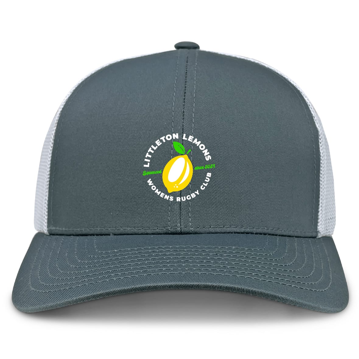 The EMB S&S Activewear Littleton Women Rugby Club Retro Trucker Cap features a gray/white design, embroidered club logo with lemon and rugby balls, breathable mesh back, and adjustable snapback closure.