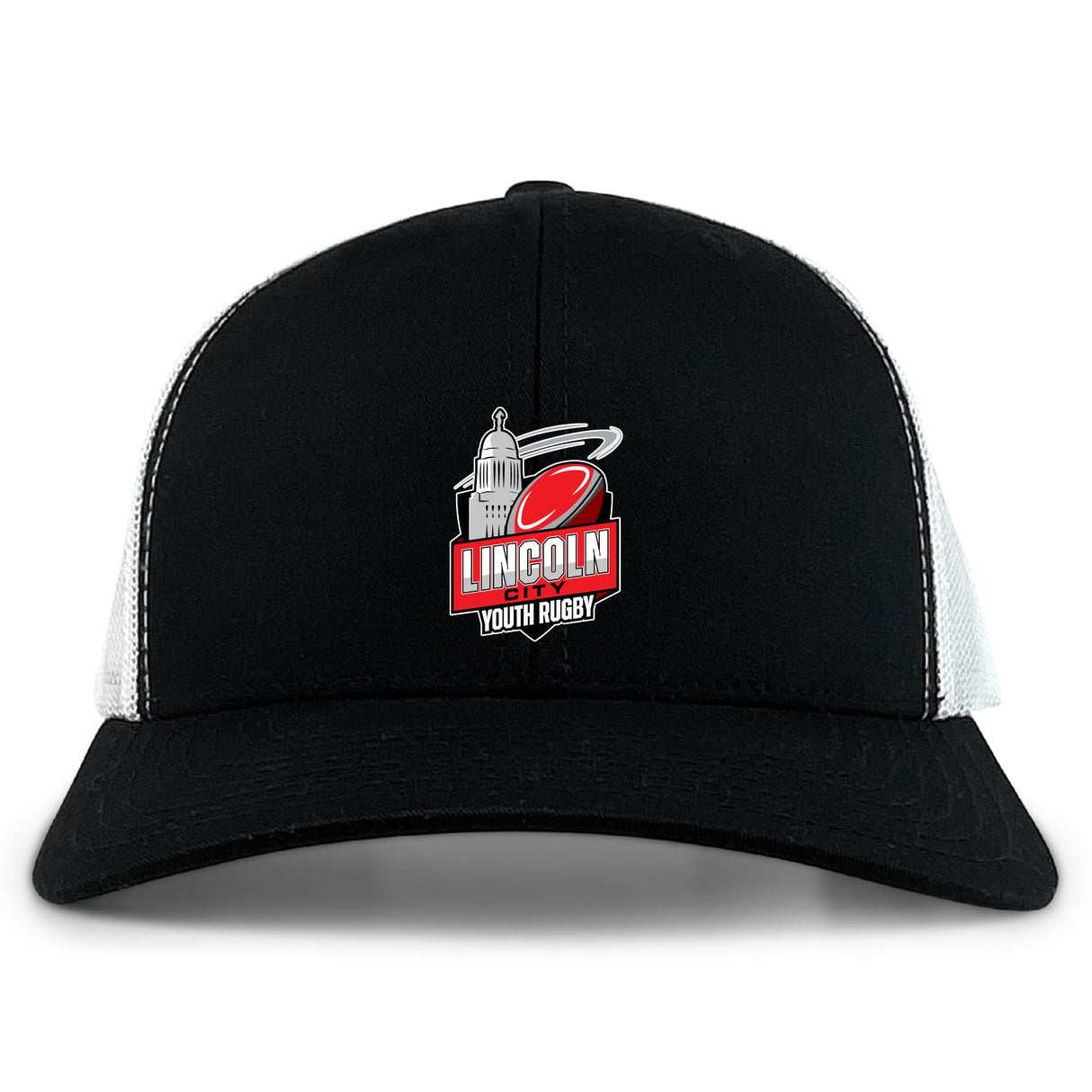 The Lincoln City Youth Rugby Retro Trucker Cap by EMB S&S Activewear features an embroidered logo with a red rugby ball and capitol building on the front, plus a black and white design and adjustable snapback closure.