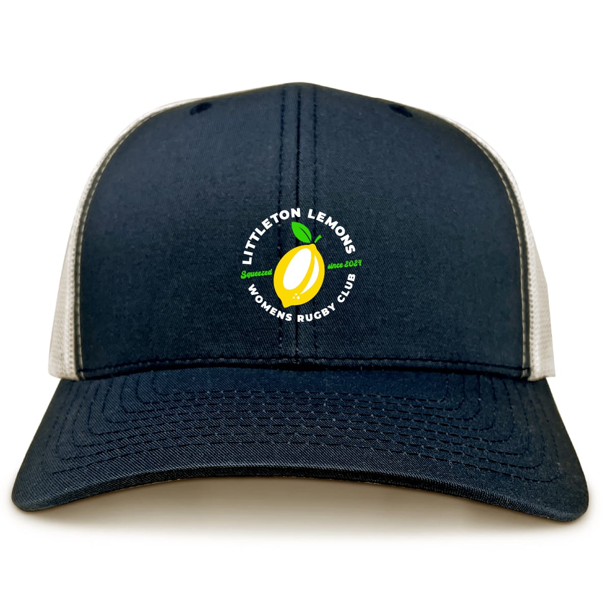 The EMB S&S Activewear Littleton Women Rugby Club Retro Trucker Cap features a navy and white design, an embroidered yellow lemon logo on the front, and a snapback closure for adjustable comfort.