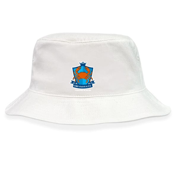 The Land Crabs RFC Crusher Bucket Cap by EMB S&S Activewear is made from cotton twill and features a vibrant front crest logo with a crab and anchor, providing both style and sun protection.