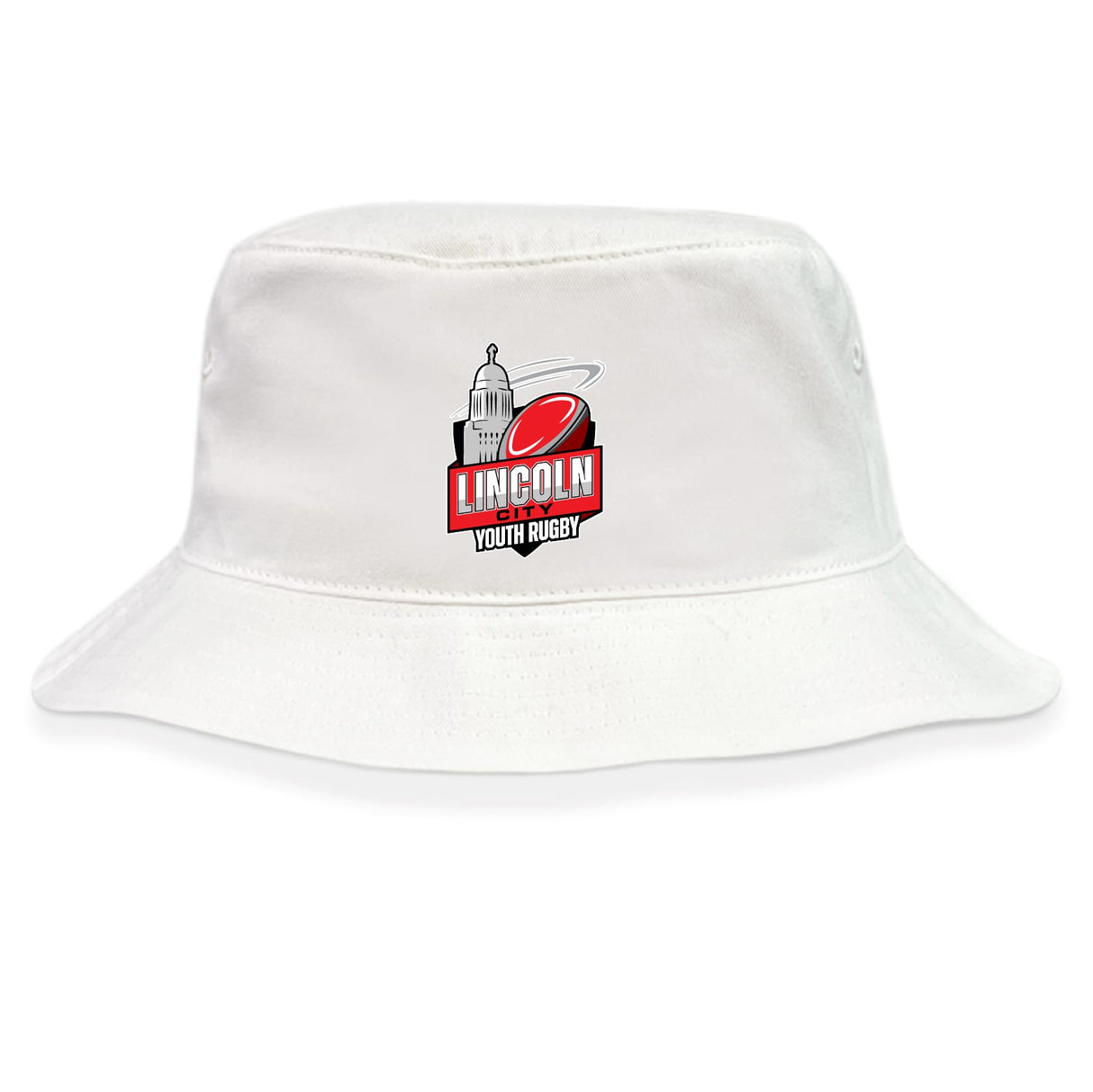 The EMB S&S Activewear Lincoln City Youth Rugby Crusher Bucket Cap features a "Lincoln City Youth Rugby" logo with a red rugby ball and white-domed building, making it the ideal sun protection hat for young athletes.
