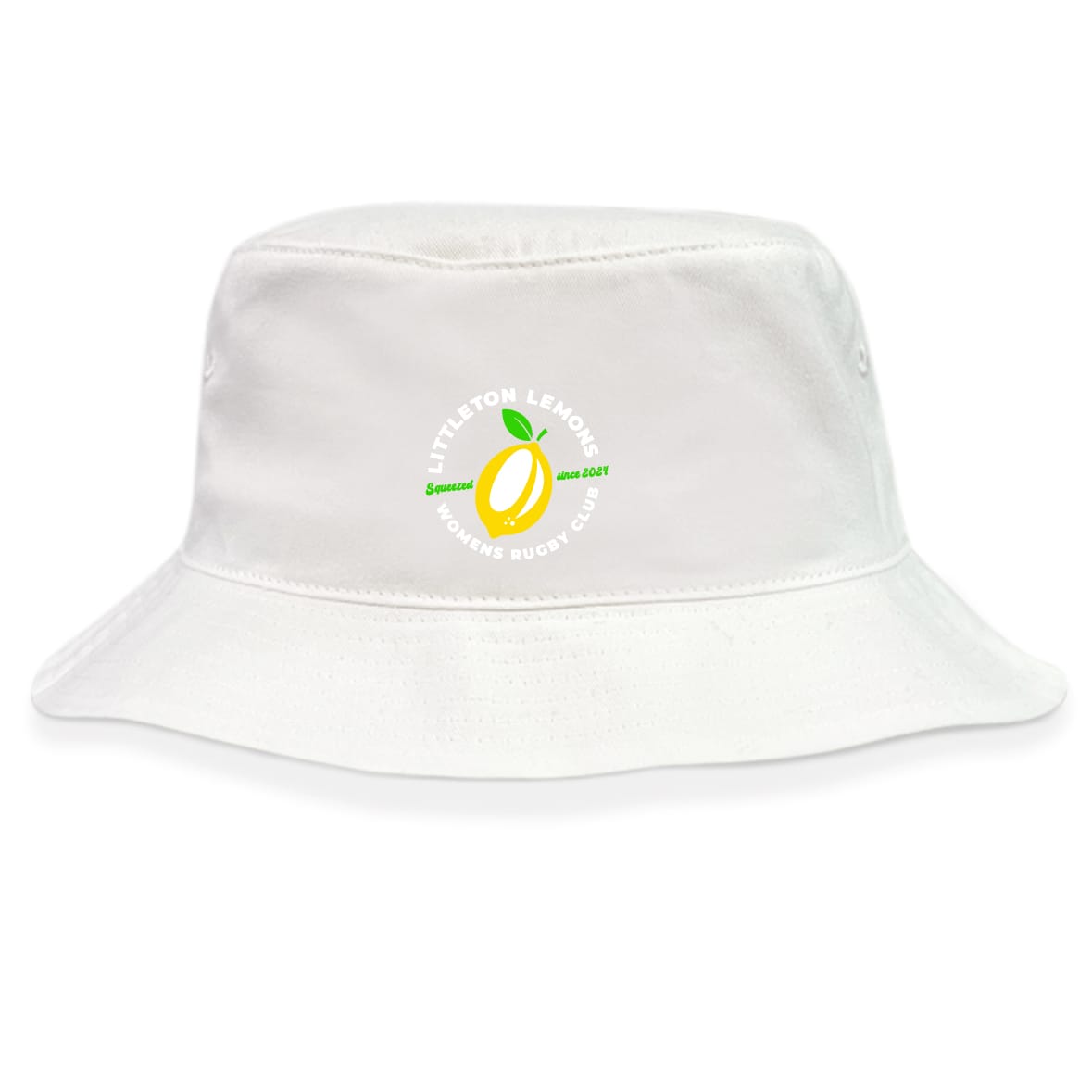 The EMB S&S Activewear Littleton Women Rugby Club Crusher Bucket Cap is a white cotton twill hat with a yellow lemon graphic and “LITTLETON LEMONS WOMEN'S RUGBY CLUB” text, combining stylish sun protection with team spirit.