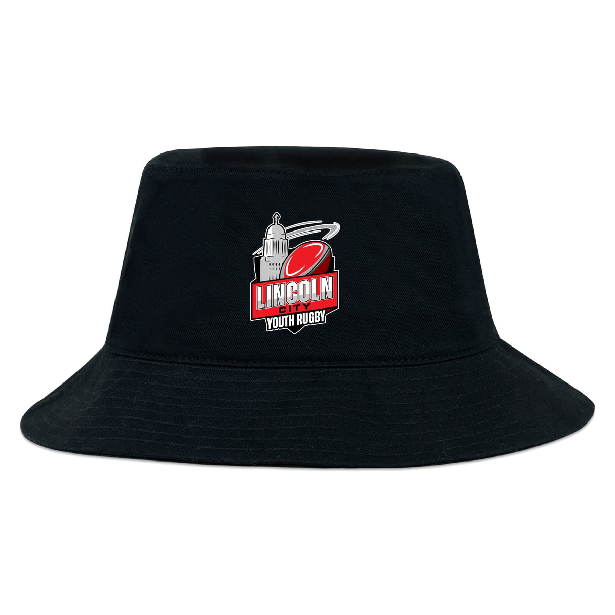 The Lincoln City Youth Rugby Crusher Bucket Cap by EMB S&S Activewear features a rugby ball and domed building logo on black cotton twill, making it the perfect sporty sun protection hat.