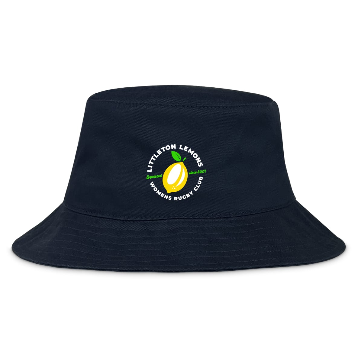 The EMB S&S Activewear Littleton Women Rugby Club Crusher Bucket Cap is a black cotton twill hat with a yellow lemon graphic and club logo on the front, providing sun protection for outdoor use.