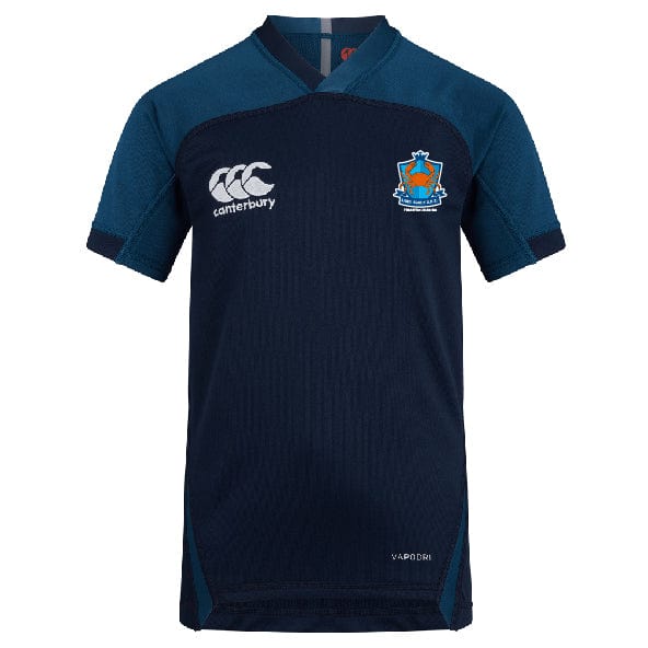 The Land Crabs RFC Vapodri Evader Jersey by EMB Canterbury is a navy blue short-sleeve rugby top with a Canterbury neckline, right chest logo, blue and orange crest on the left, and Vapodri moisture-wicking technology for comfort.