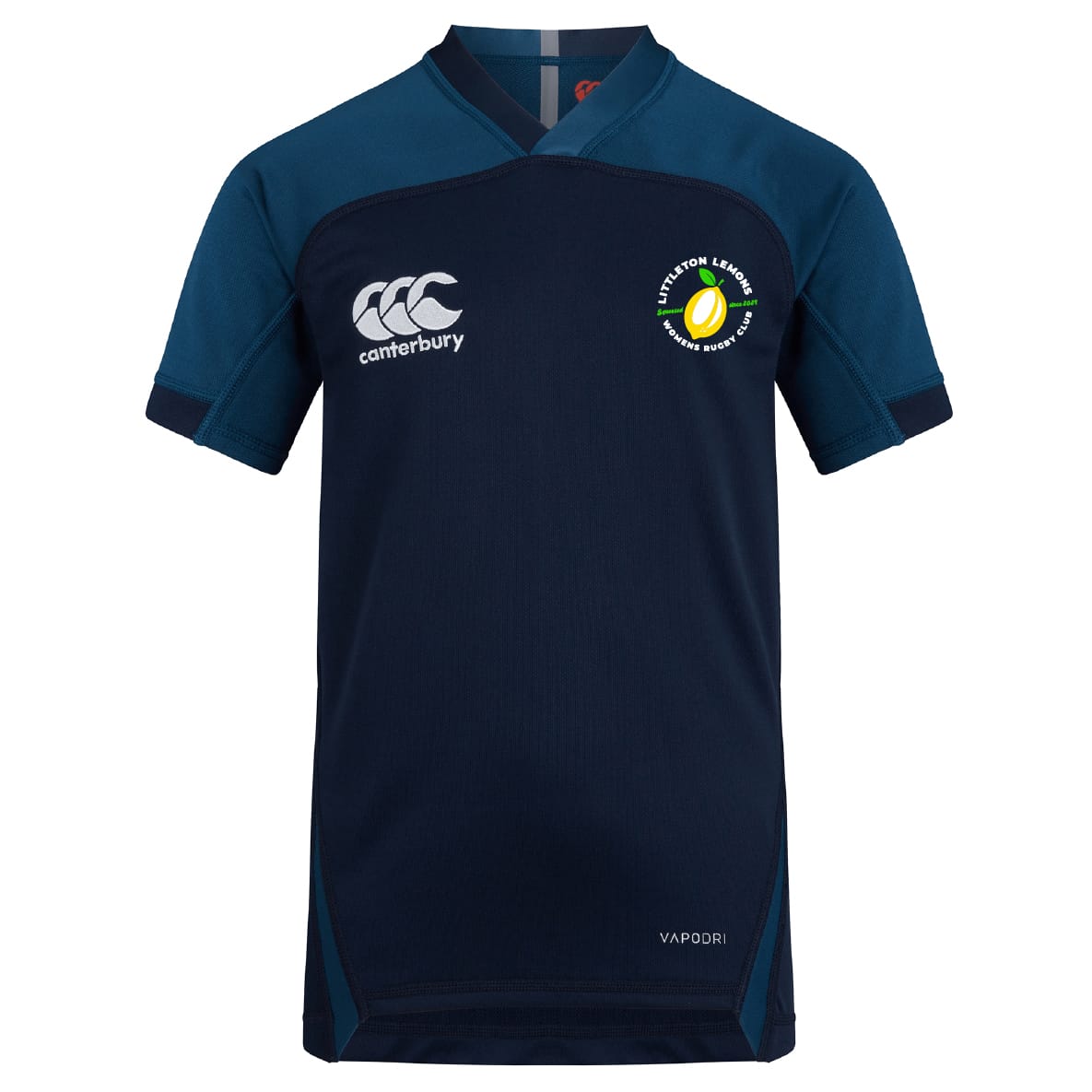 Navy blue Littleton Women Rugby Club Vapodri Evader Jersey by EMB Canterbury, features moisture-wicking fabric, white Canterbury logo, Littleton Legends badge, and V-neck design.