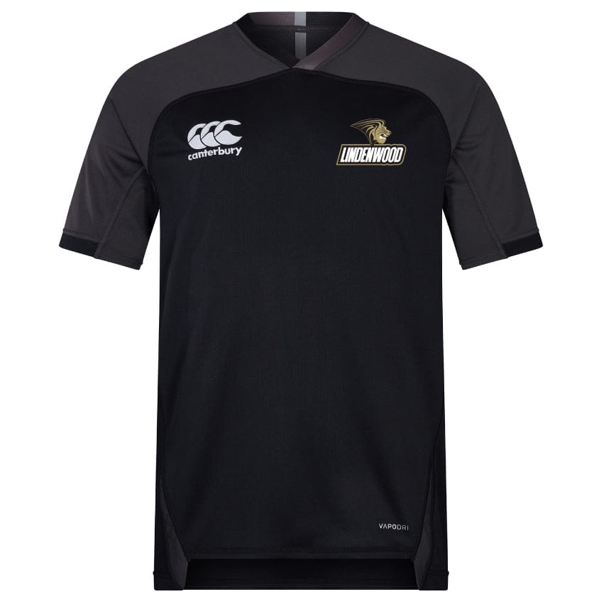 The EMB Canterbury Lindenwood University Rugby Vapodri Evader Jersey features black and gray sleeves, the iconic Canterbury logo on the left, and "Lindenwood" with an eagle emblem on the right. Its VAPODRI technology ensures advanced moisture-wicking, ideal for high-intensity matches like the Rugby World Cup.