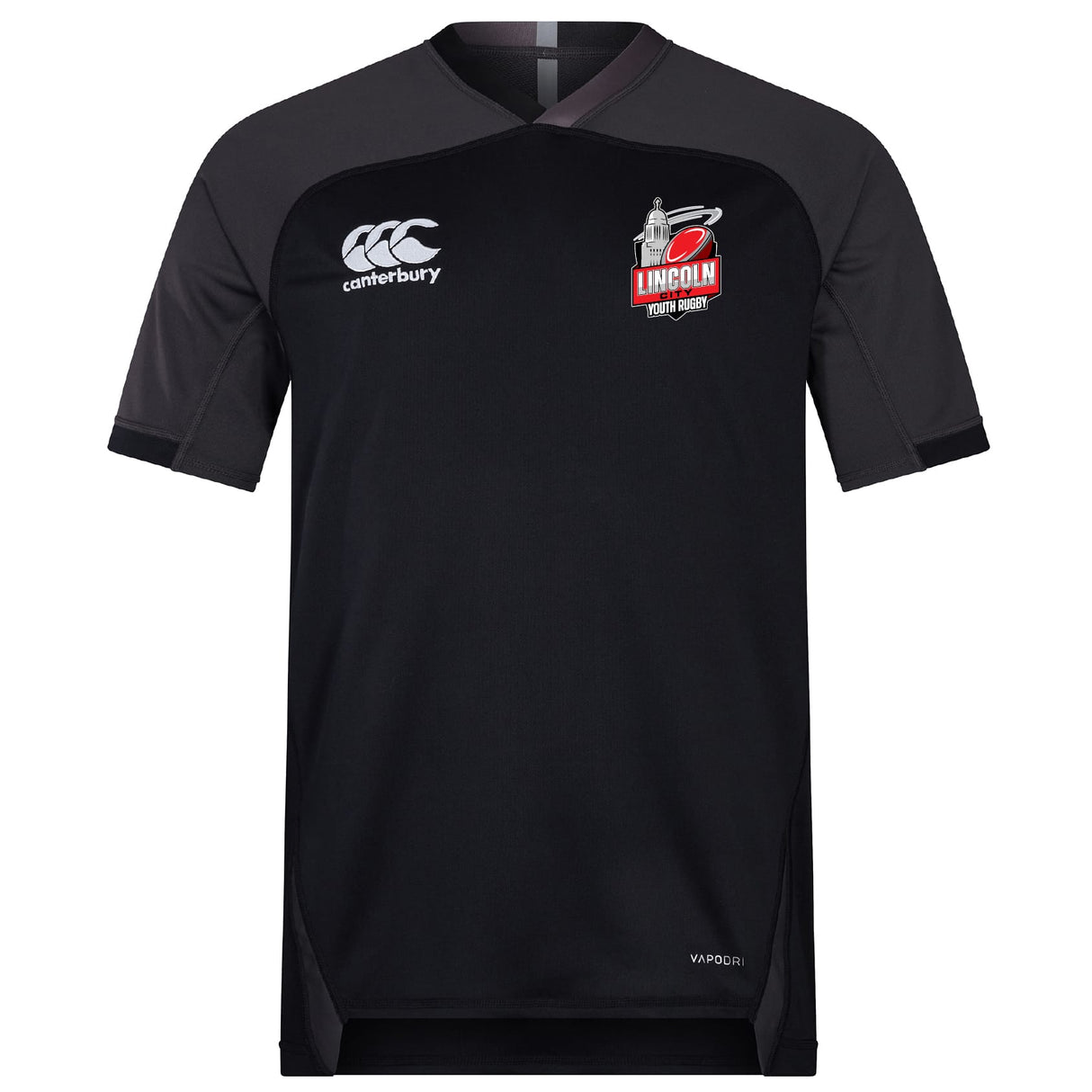 The Lincoln City Youth Rugby Vapodri Evader Jersey by EMB Canterbury is a black short-sleeve rugby top with moisture-wicking technology, featuring the Canterbury and Lincoln Rugby Union Football Club logos on the chest.