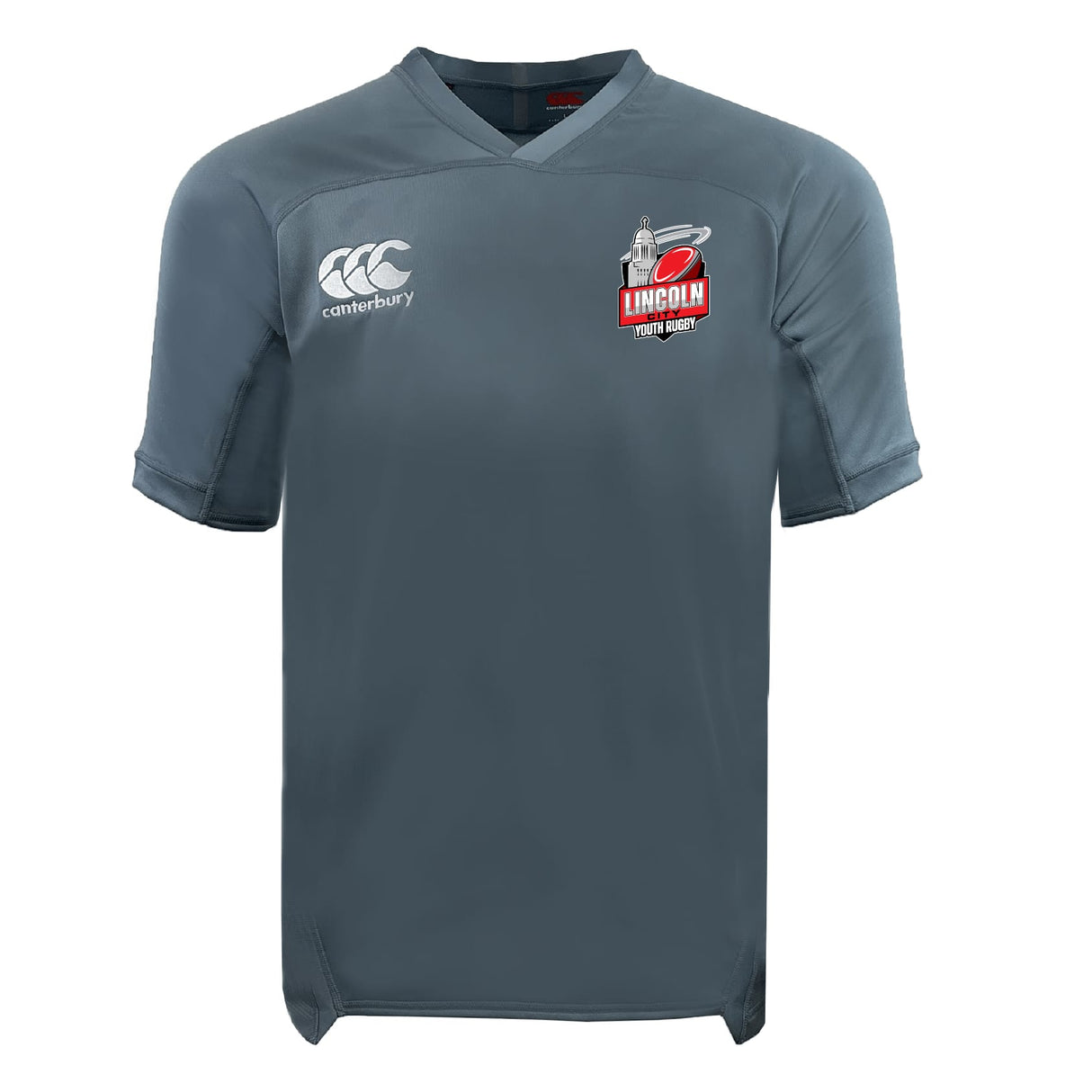 The Lincoln City Youth Rugby Vapodri Evader Jersey by EMB Canterbury is a gray short-sleeve jersey with moisture-wicking tech, featuring the Canterbury logo on the right chest and Lincoln Touch Rugby logo on the left.