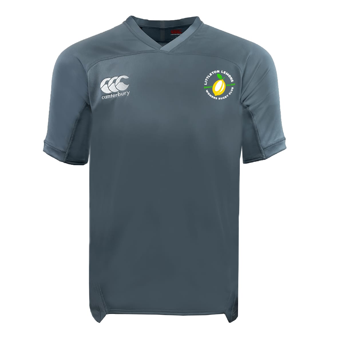 The Littleton Women Rugby Club Vapodri Evader Jersey by EMB Canterbury is a grey short-sleeved rugby top with moisture-wicking fabric, the Canterbury logo on the right chest, and a green and yellow circular emblem on the left.