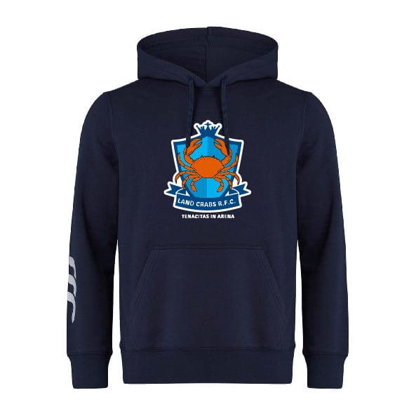 The Land Crabs RFC Club Hoodie by WRS Canterbury features a large crab logo and "LAND CRABS R.F.C. TENACITY IN ARENA" on the chest, with three white sleeve stripes. Made from premium fleece by Canterbury. Customization available.