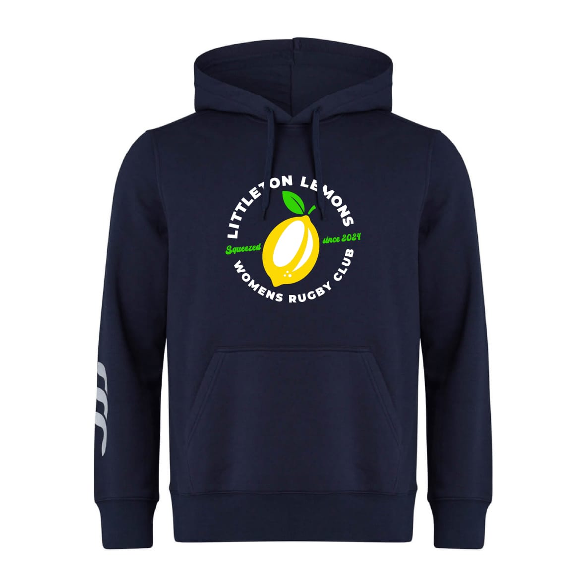 Show your team spirit with the Littleton Women Rugby Club Club Hoodie by WRS Canterbury: a navy blue hoodie featuring "Littleton Lemons Womens Rugby Club" text, a lemon graphic on the chest, and white stripes on the left sleeve.