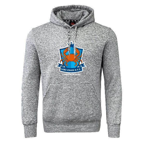 The Land Crabs RFC Club Hoodie by WRS Canterbury features a blue and orange crab logo on the chest, soft fleece fabric, Canterbury sleeve branding, and a front kangaroo pocket.