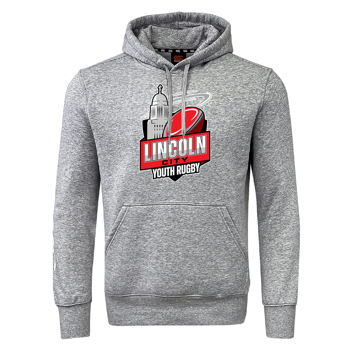 The Lincoln City Youth Rugby Club Hoodie by Canterbury from WRS Canterbury features a gray hood, front pocket, and a chest logo with "Lincoln City Youth Rugby," a rugby ball, and building—perfect for any young rugby player.