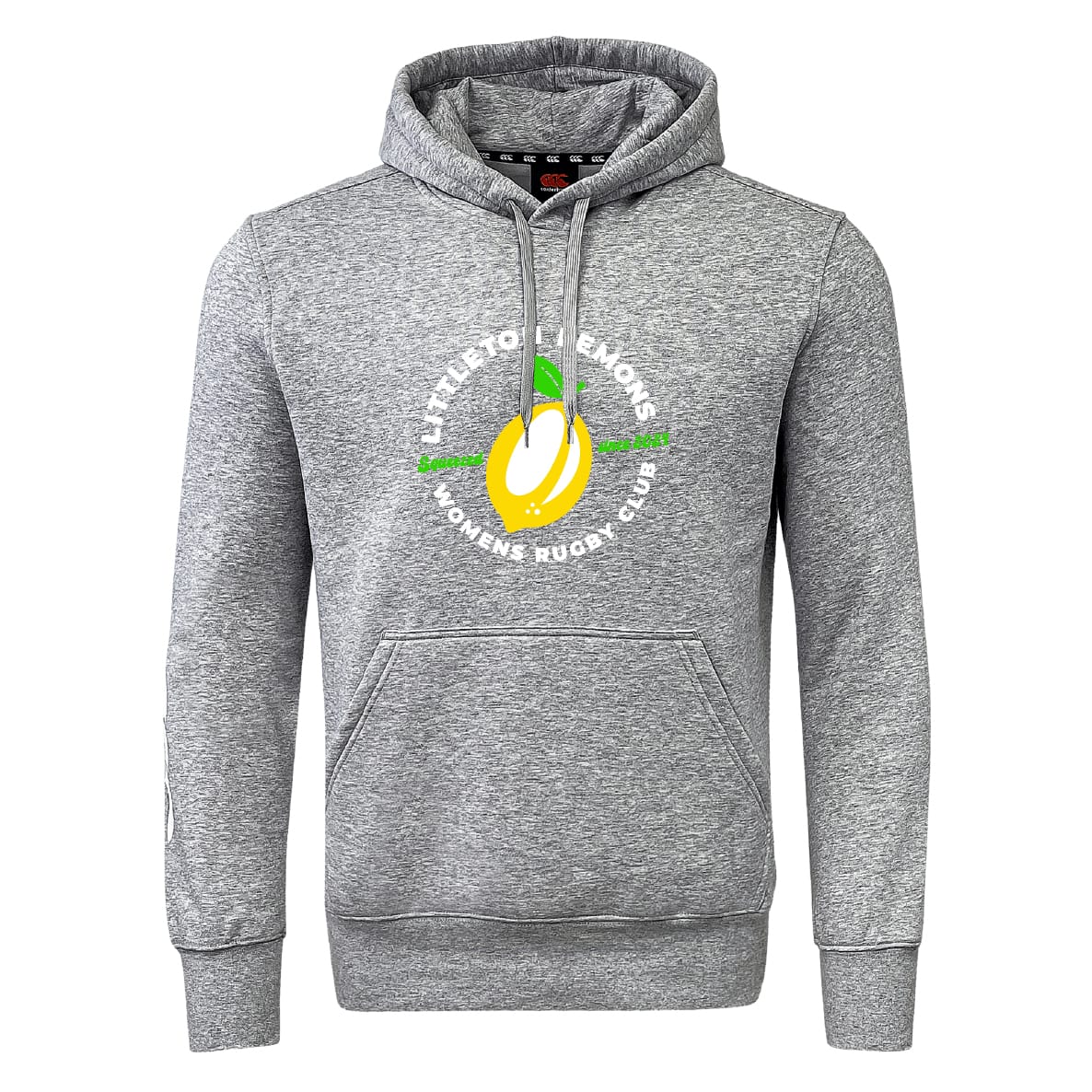 The Littleton Women Rugby Club Hoodie by WRS Canterbury is a gray hoodie with a front pocket, hood, and a yellow lemon graphic plus "Littleton Lemons Women's Rugby Club" on the chest.