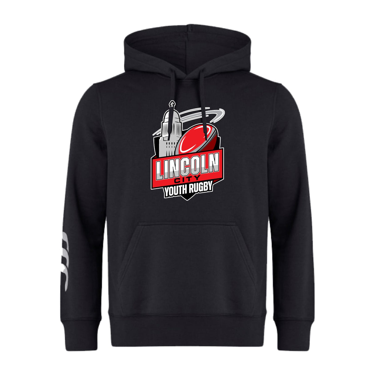 The Lincoln City Youth Rugby Club Hoodie by WRS Canterbury features a rugby ball and city landmark logo on the chest, with three white stripes on the left sleeve.