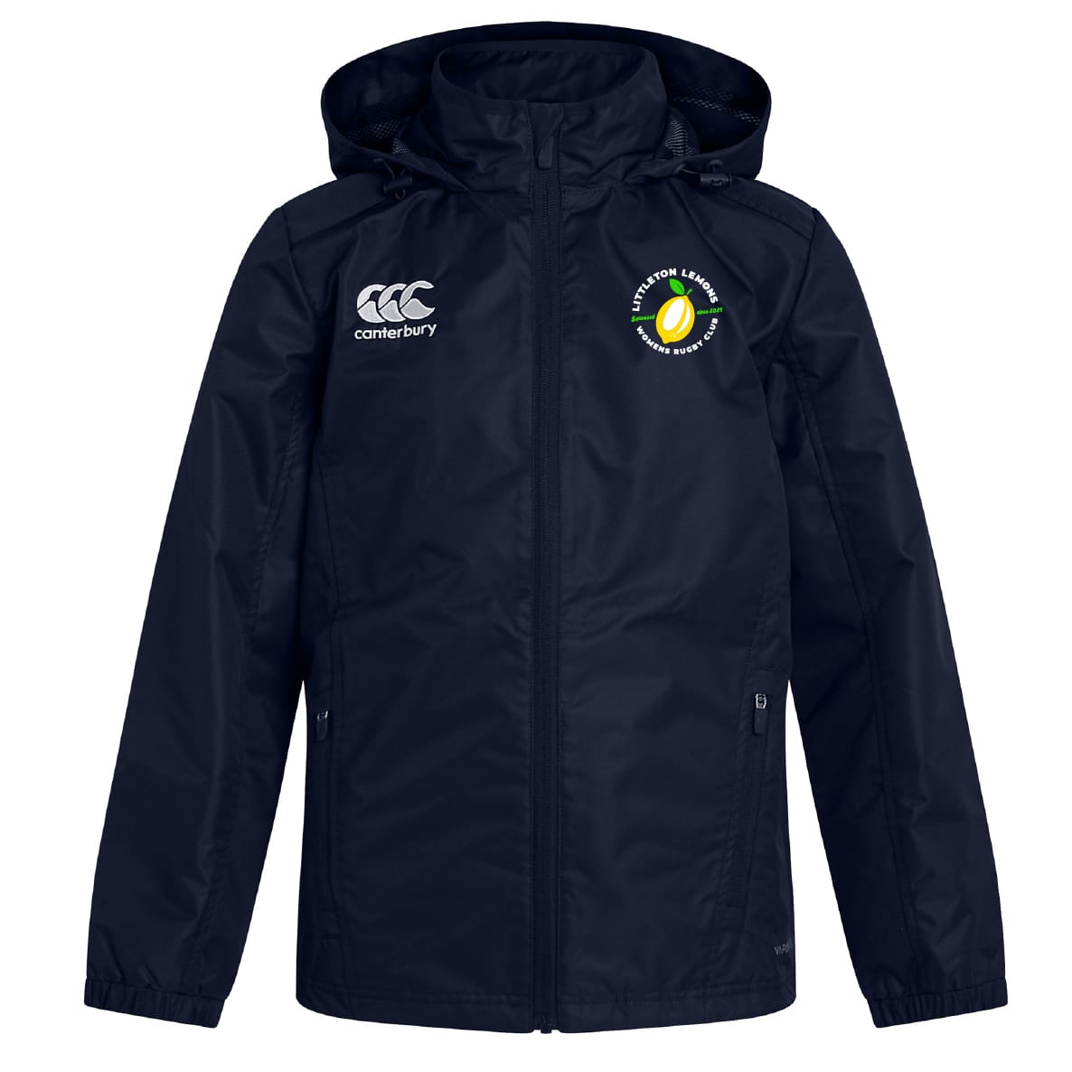 The Littleton Women Rugby Club Vaposhield Full Zip Rain Jacket by EMB Canterbury has two chest embroidered logos, zippered pockets, and VapoShield tech in navy blue, shown on a plain white background.