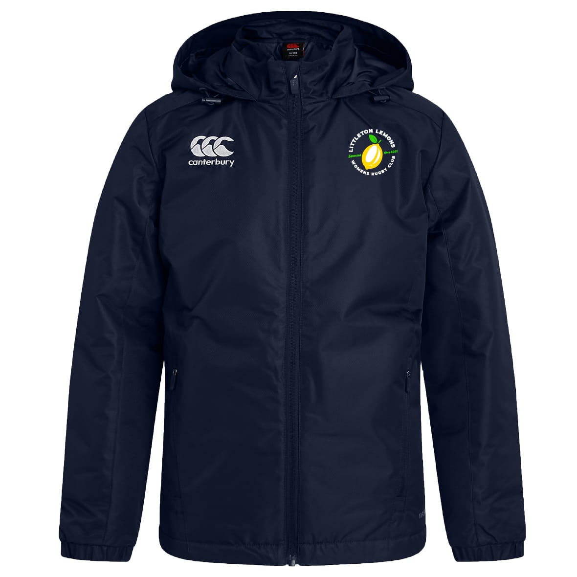 The Littleton Women Rugby Club Vaposhield Stadium Jacket by EMB Canterbury is a navy blue, water-repellent hooded jacket with a zipper, Canterbury logo on the right chest, and circular club tennis badge on the left.