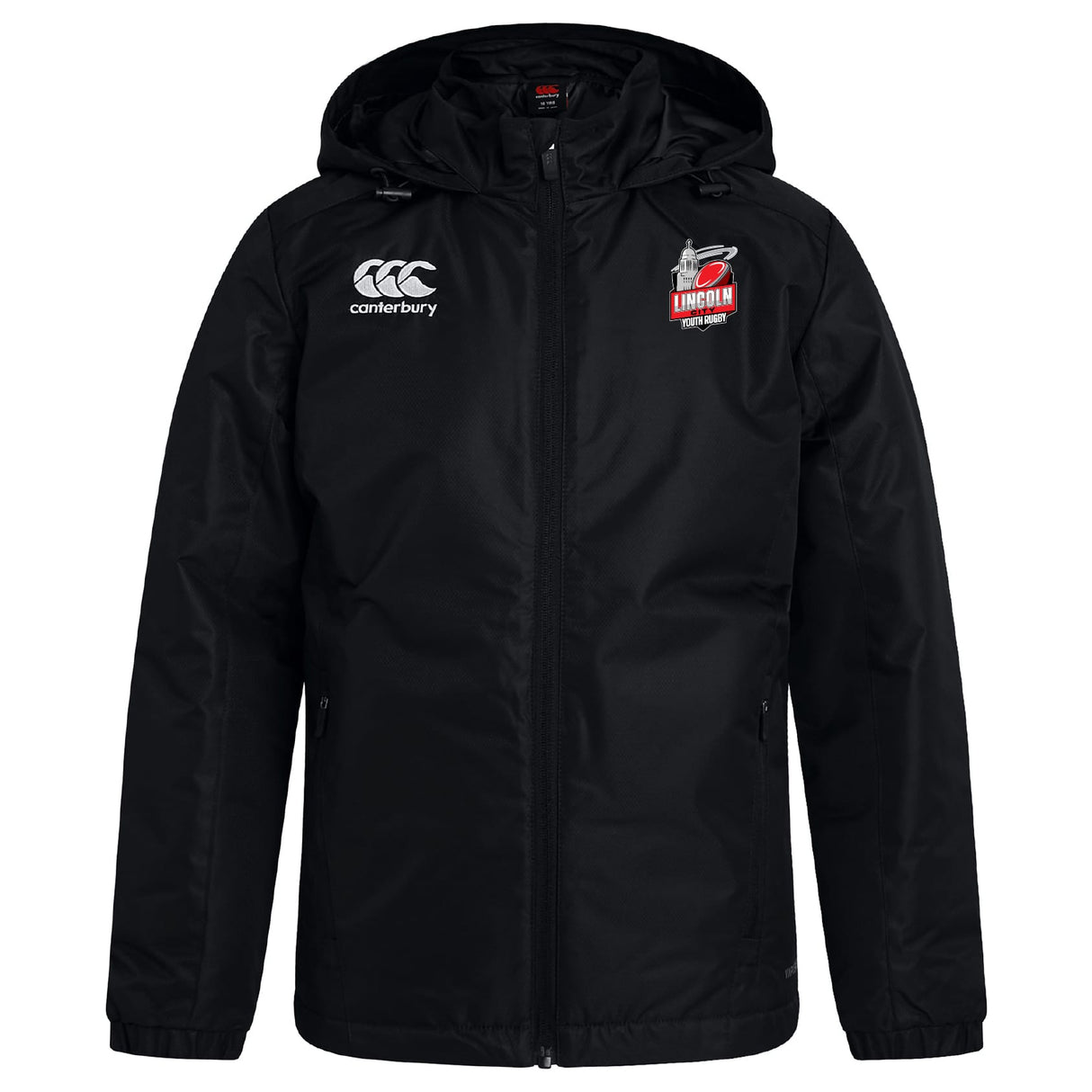 The Lincoln City Youth Rugby Club Vaposhield Stadium Jacket by EMB Canterbury is a black zip-up jacket with padded insulation and club logos on the chest, shown on a white background.