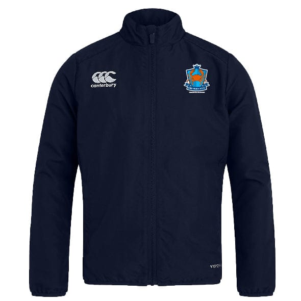 The Land Crabs RFC Club Track Jacket by EMB Canterbury is a navy blue lightweight zip-front jacket with a white Canterbury logo on the right chest and a blue and orange shield emblem on the left chest.