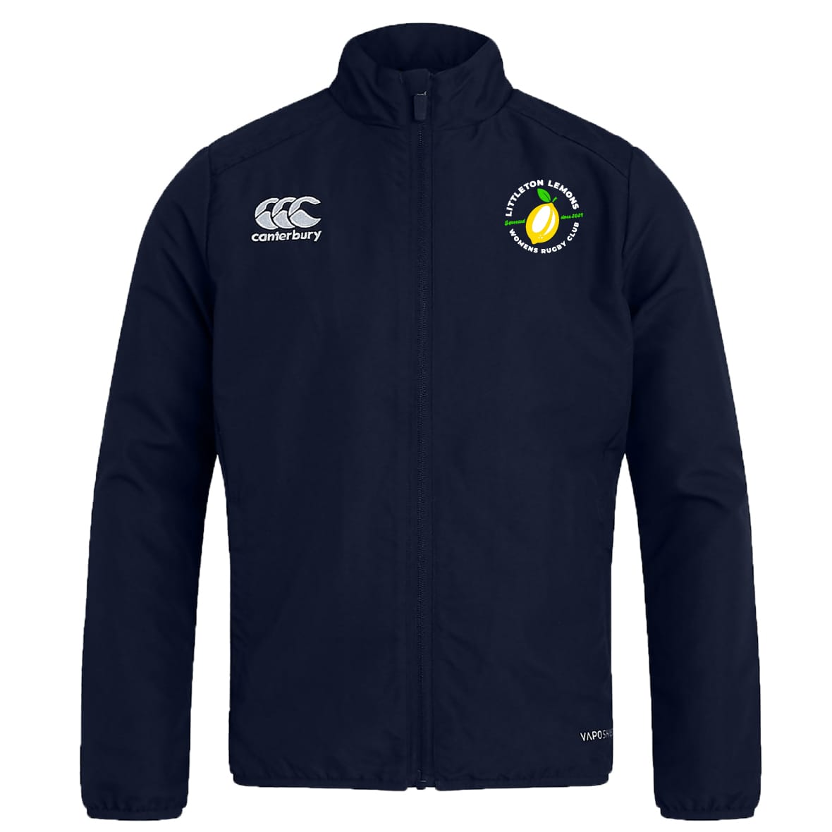 The Littleton Women Rugby Club Club Track Jacket by EMB Canterbury is a navy lightweight jacket with a white Canterbury logo on the right chest and a round tennis-themed logo on the left, perfect for club style.