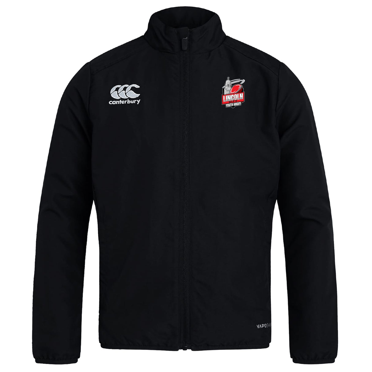 The Lincoln City Youth Rugby Club Track Jacket by EMB Canterbury features a high collar, club and Canterbury logos on the chest, and offers lightweight sporty comfort—perfect for young rugby fans.