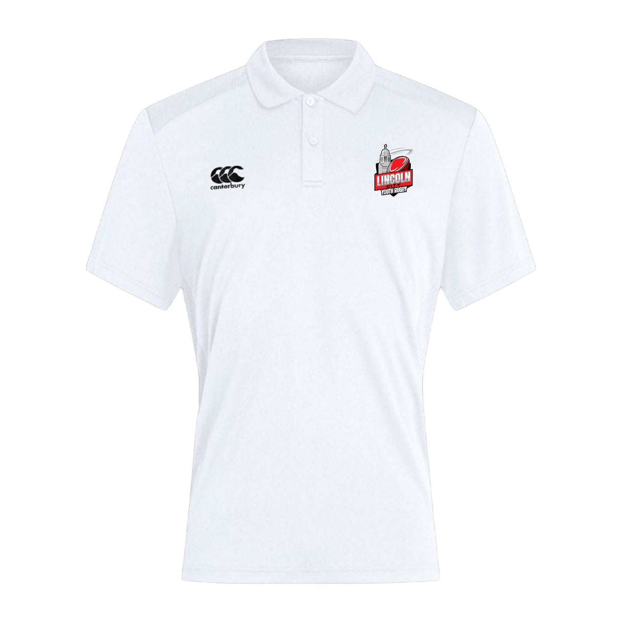 The Lincoln City Youth Rugby Club Dry Polo by EMB Canterbury is a white, short-sleeve collared shirt with Vapodri Technology. Features the Canterbury logo on the right chest and the Lincoln team logo on the left chest.