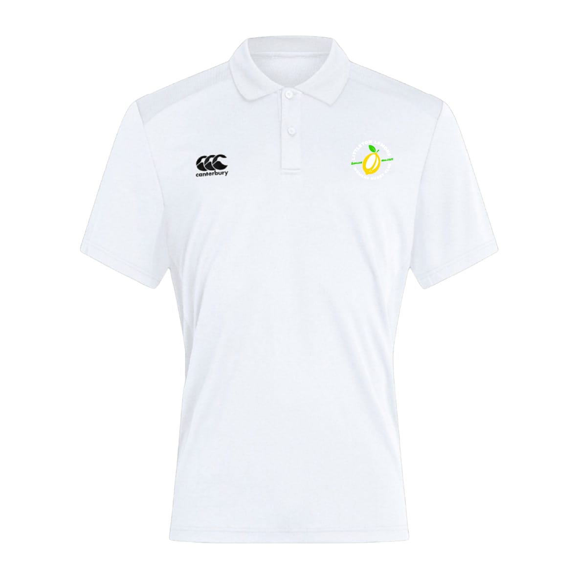 The Littleton Women Rugby Club Club Dry Polo by EMB Canterbury is a breathable white short-sleeve polo featuring a black Canterbury logo on the right chest and a circular yellow tennis ball logo on the left for lasting comfort.