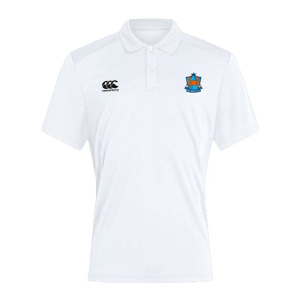 The Land Crabs RFC Club Dry Polo by EMB Canterbury is a white short-sleeve collared polo with two chest embroidered logos, featuring Vapodri Technology for breathability, comfort, and moisture management.