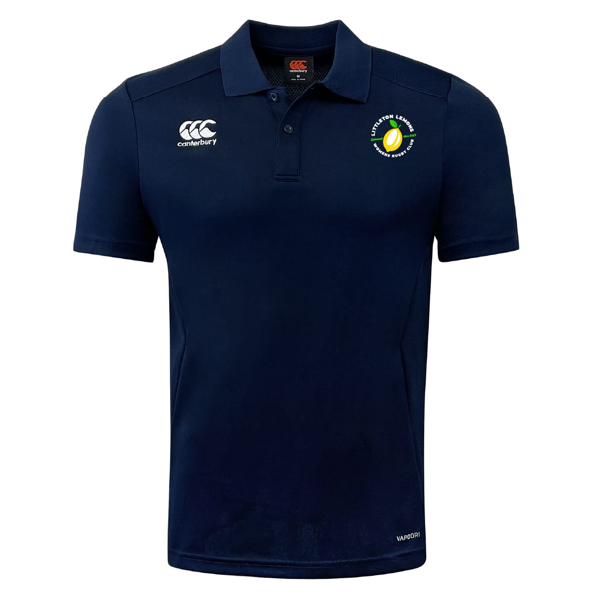 The Littleton Women Rugby Club Club Dry Polo by EMB Canterbury features short sleeves, a collared button placket, embroidered chest logos, and Vapodri Technology for breathable, all-day cool comfort.