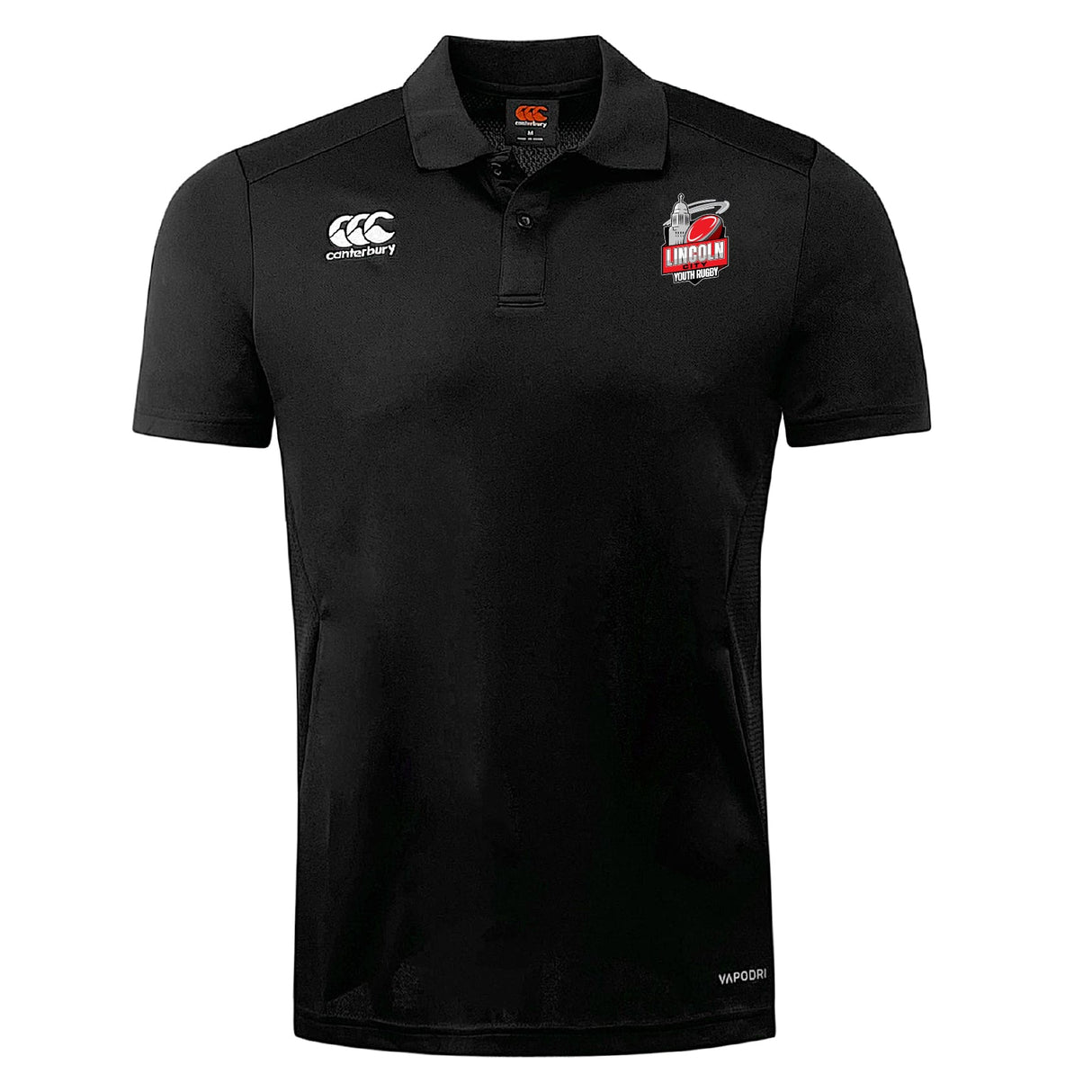 The Lincoln City Youth Rugby Club Dry Polo by EMB Canterbury is a black, short-sleeve collared polo featuring Vapodri Technology for breathability, with the Canterbury logo on the right and Lincoln RFC logo on the left chest.