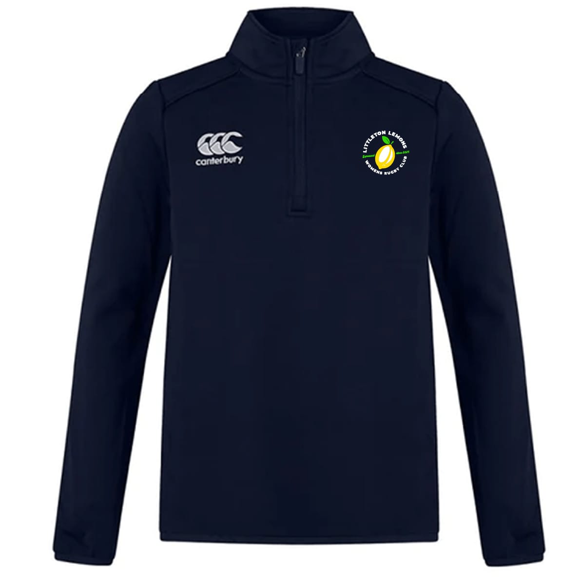 The Littleton Women Rugby Club 1/4 Zip Mid Layer Training Top by EMB Canterbury is a navy pullover with a white Canterbury logo on the right chest and the team logo on the left—ideal for rugby training.