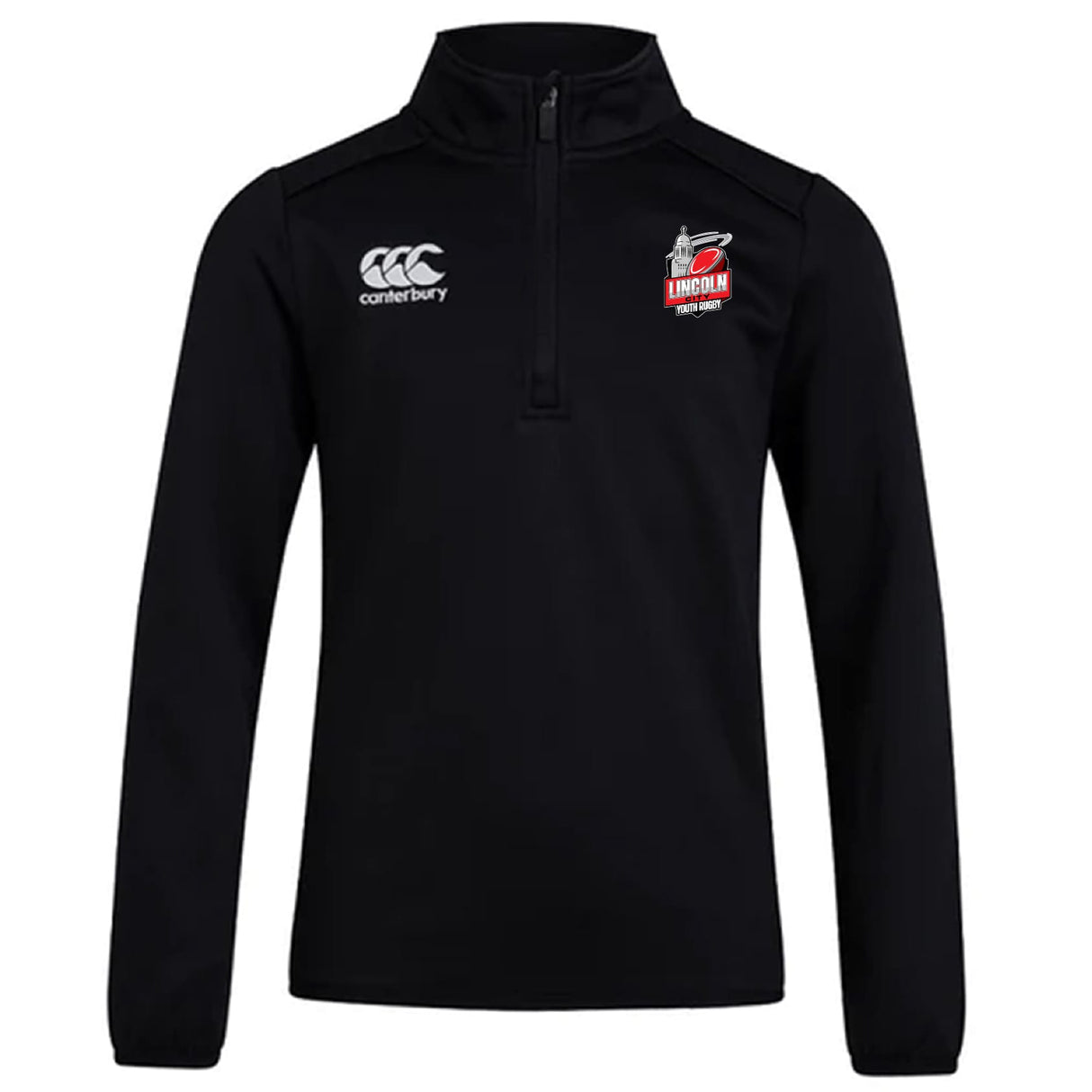 The Lincoln City Youth Rugby Club 1/4 Zip Mid Layer Training Top by EMB Canterbury is a black long-sleeve pullover with the Canterbury logo on the right chest and Lincoln rugby club logo on the left. Ideal for training.